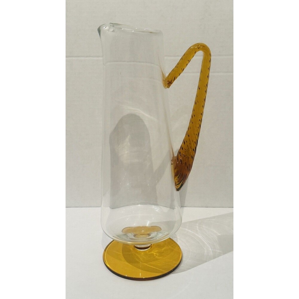 Vintage Mid Century Modern Amber Accented Blown Glass Decanter Pitcher Carafe13”